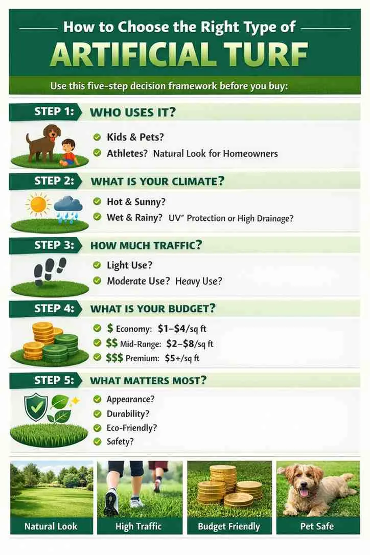 How to choose the right type of artificial turf infographic showing 5 step decision framework including usage, climate, traffic, budget, and key factors