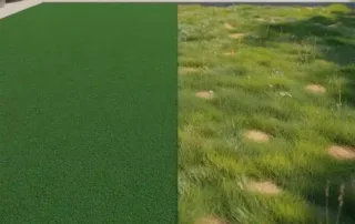 Artificial Grass vs. Real Grass comparison showing synthetic turf and natural lawn in a Dallas backyard