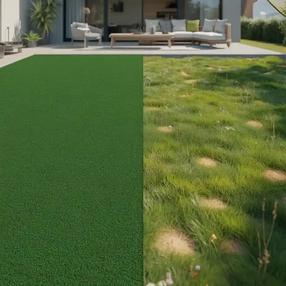 Artificial Grass vs. Real Grass comparison showing synthetic turf and natural lawn in a Dallas backyard