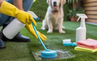 How to Clean Fake Grass From Dog Urine using brush and pet-safe cleaner on artificial turf