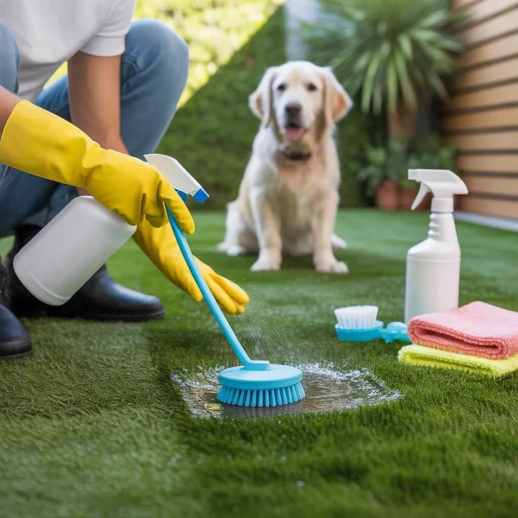 How to Clean Fake Grass From Dog Urine using brush and pet-safe cleaner on artificial turf